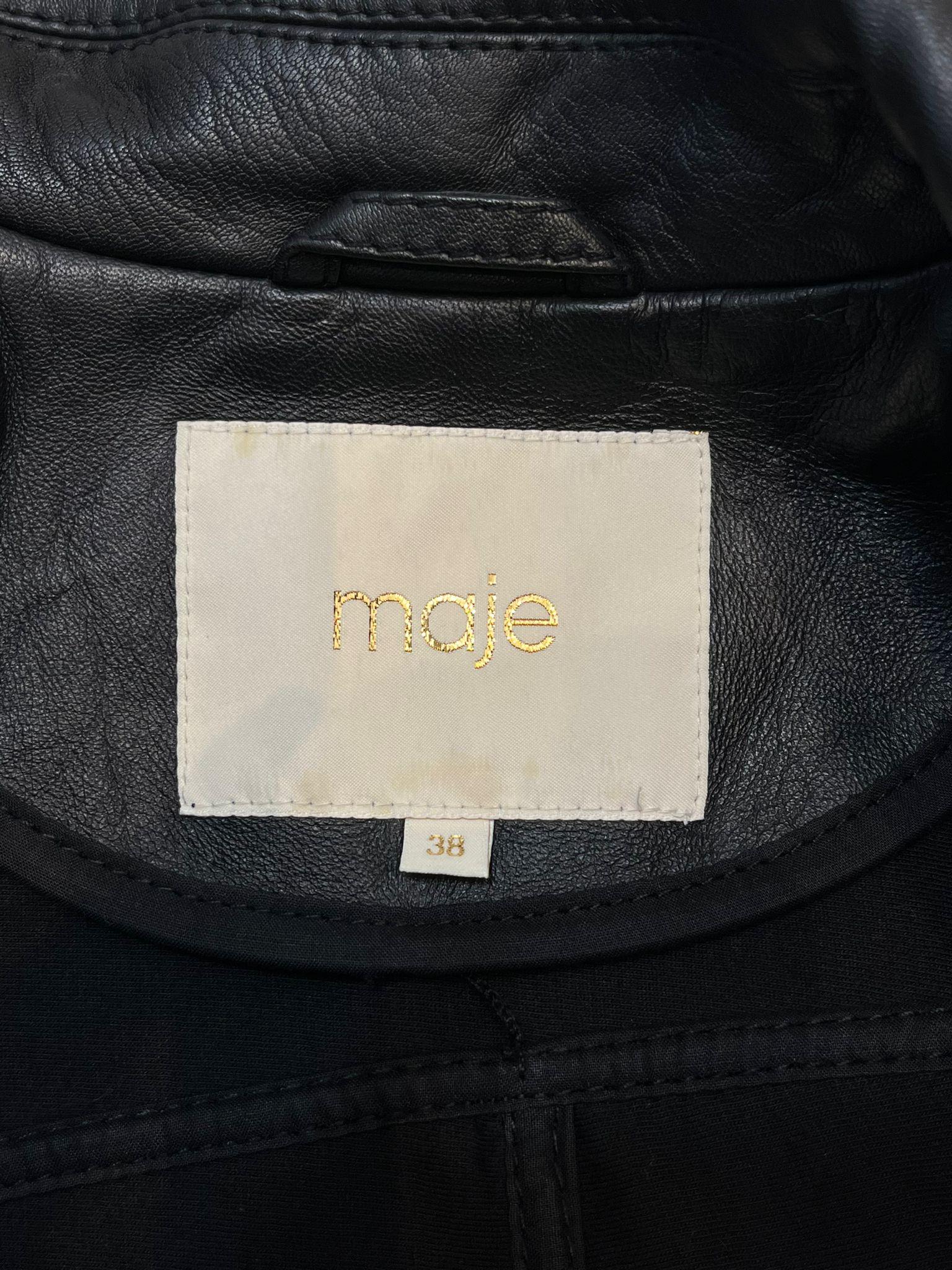 Maje - Blouson motard en cuir à volants. 1