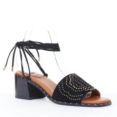 MAJE Fiou suede gold micro studded wrap lace up ankle block heel sandals EU36