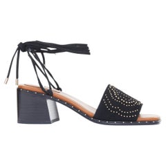 MAJE Fiou suede gold micro studded wrap lace up ankle block heel sandals EU36