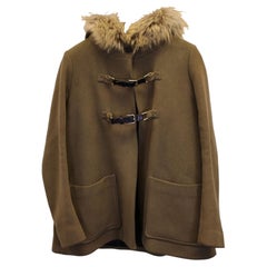 Maje Fur-Trimmed Duffle Coat in Olive Wool