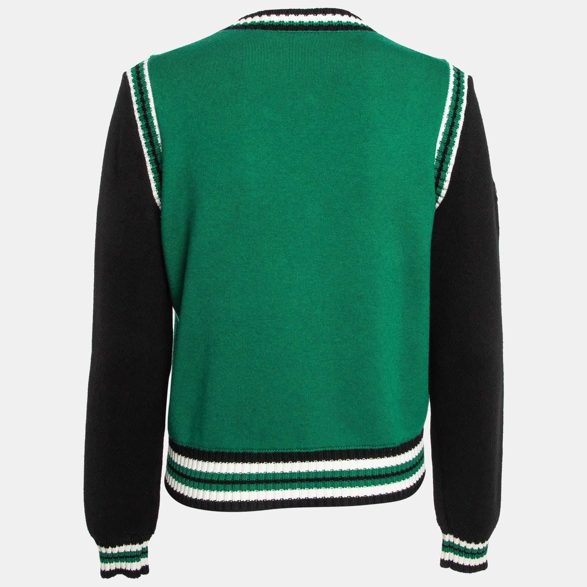 Bleu Maje Green/Black Embellished Knit Button Fornt Bomber Jacket M.