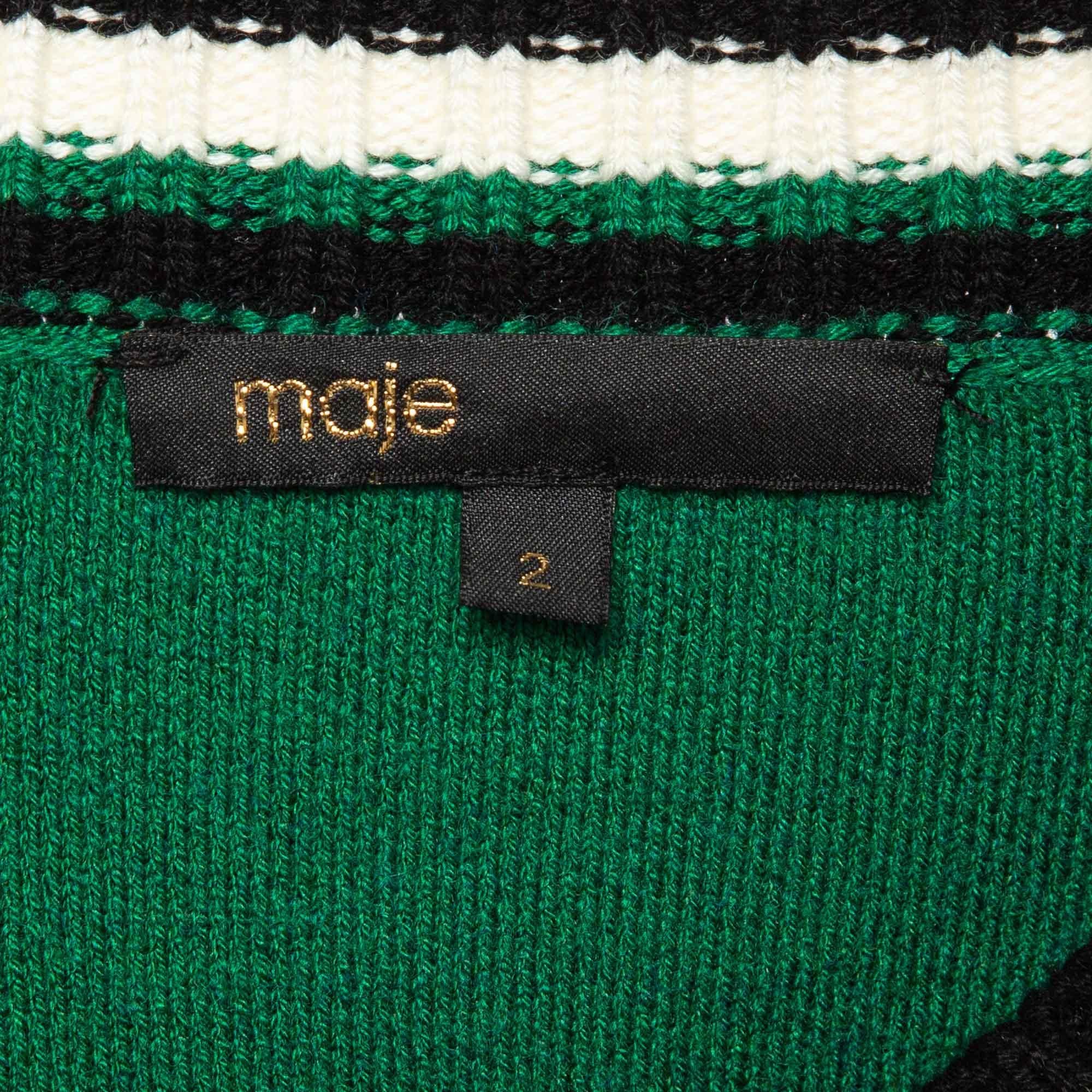  Maje Green/Black Embellished Knit Button Fornt Bomber Jacket M. Pour femmes 