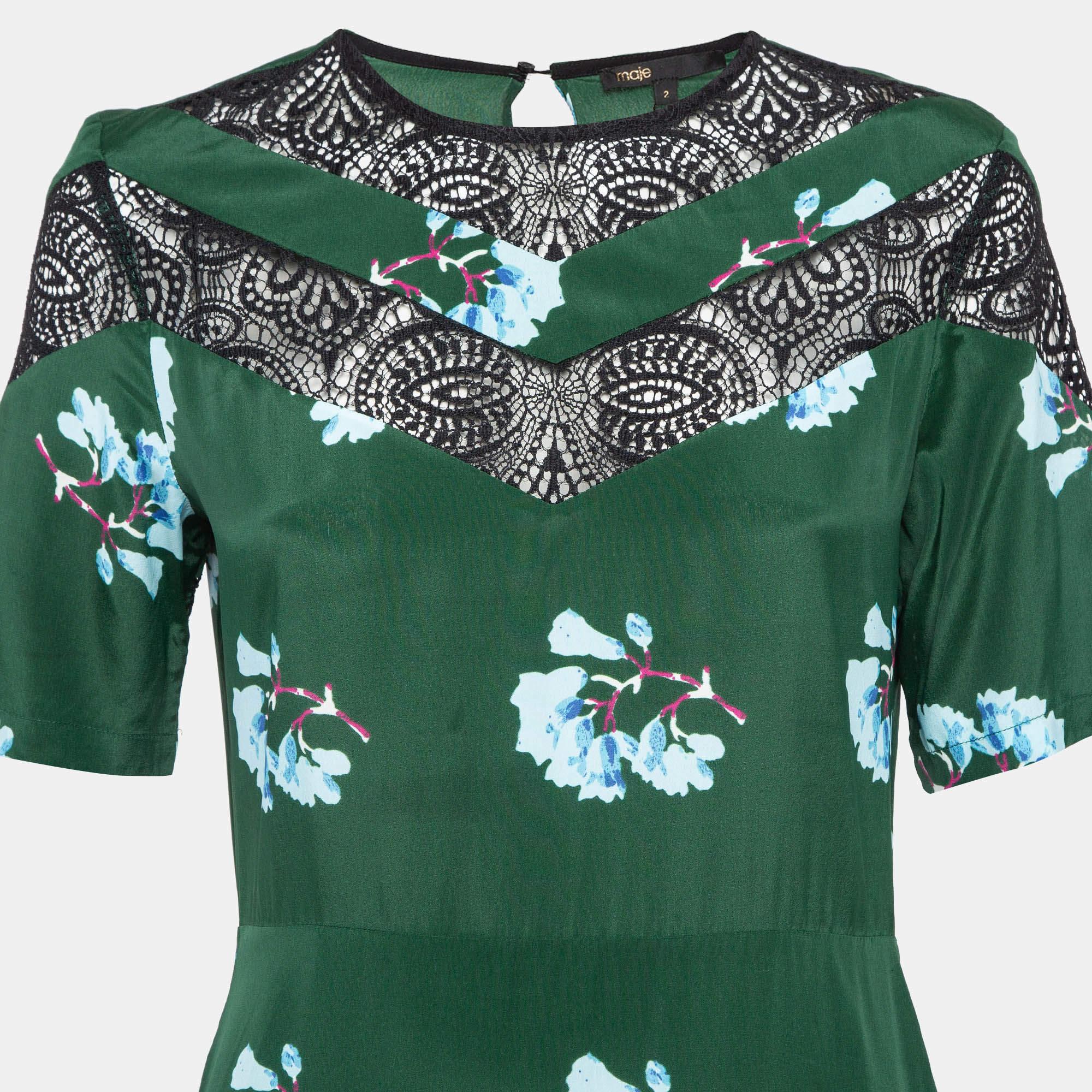 Maje Green Floral Print Lace Trim Crepe Asymmetric Midi Dress M In New Condition For Sale In Dubai, Al Qouz 2