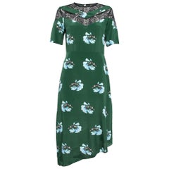 Maje Green Floral Print Lace Trim Crepe Asymmetric Midi Dress M