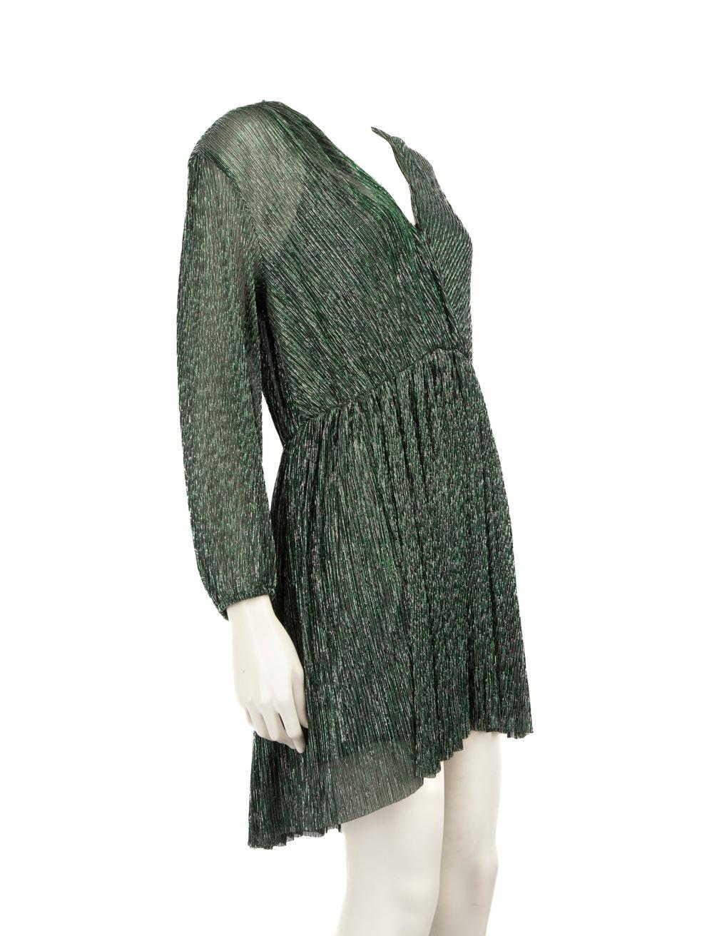 CONDITION is Very good. Hardly any visible wear to the dress is evident on this used Maje designer resale item.
 
 Details
 
 
 Green
 
 Polyester
 
 Dress
 
 Long sleeves
 
 Mini
 
 Stretchy
 
 See- through
 
 V neck
 
 
 
 
 
 Made in Tunisia
 
 
