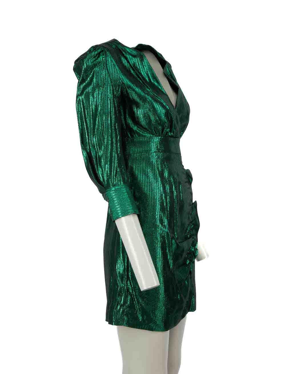 CONDITION is Never worn, with tags. No visible wear to dress is evident on this new Maje designer resale item.
  
  
  
  Details
  
  
  Green metallic
  
  Viscose
  
  Dress
  
  Long sleeves
  
  V-neck
  
  Mini
  
  Buttoned cuffs
  
  Side