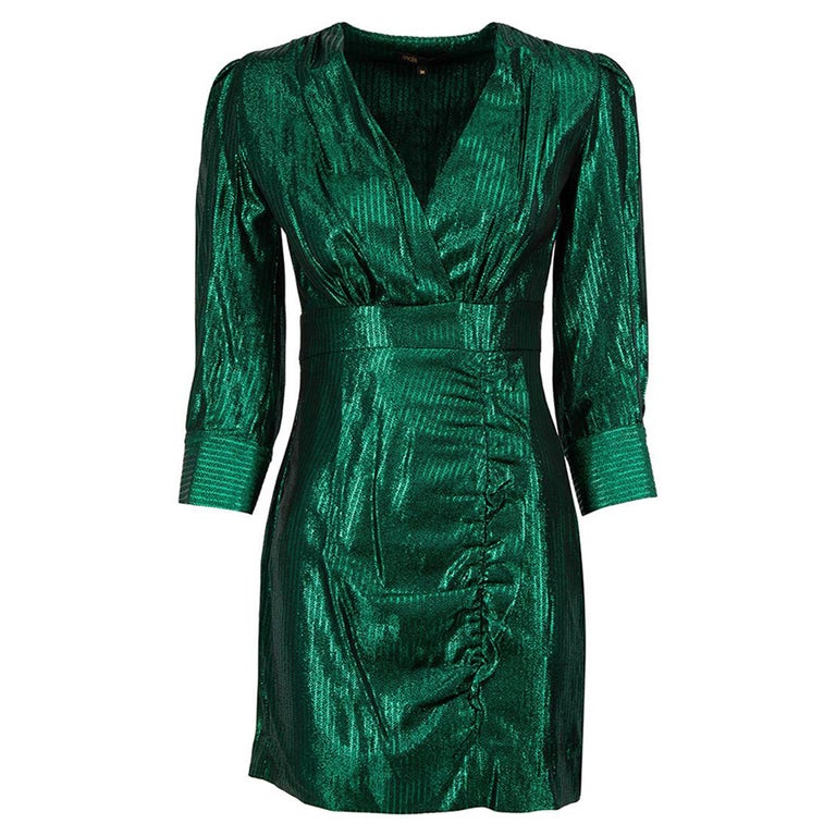 Maje Green Metallic V-Neck Mini Dress Size S For Sale at 1stDibs