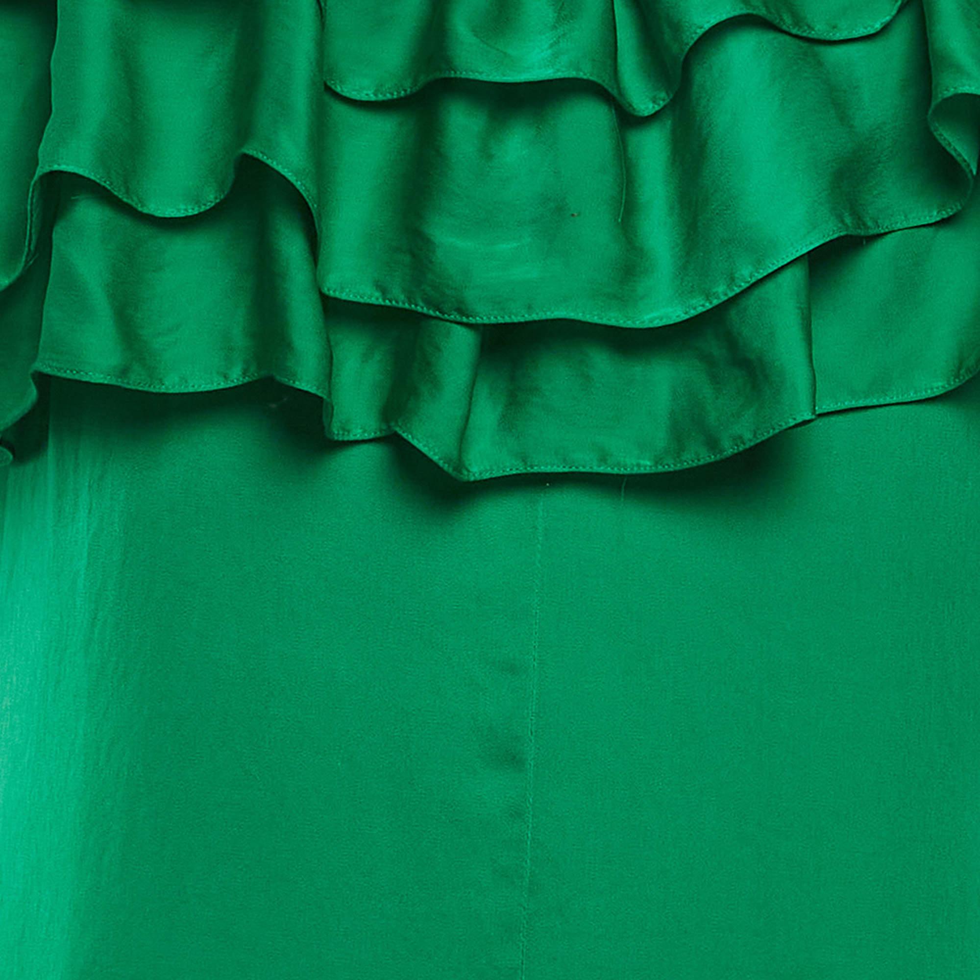 Maje Green Satin Ruffled Rovanta Midi Dress L In Good Condition In Dubai, Al Qouz 2