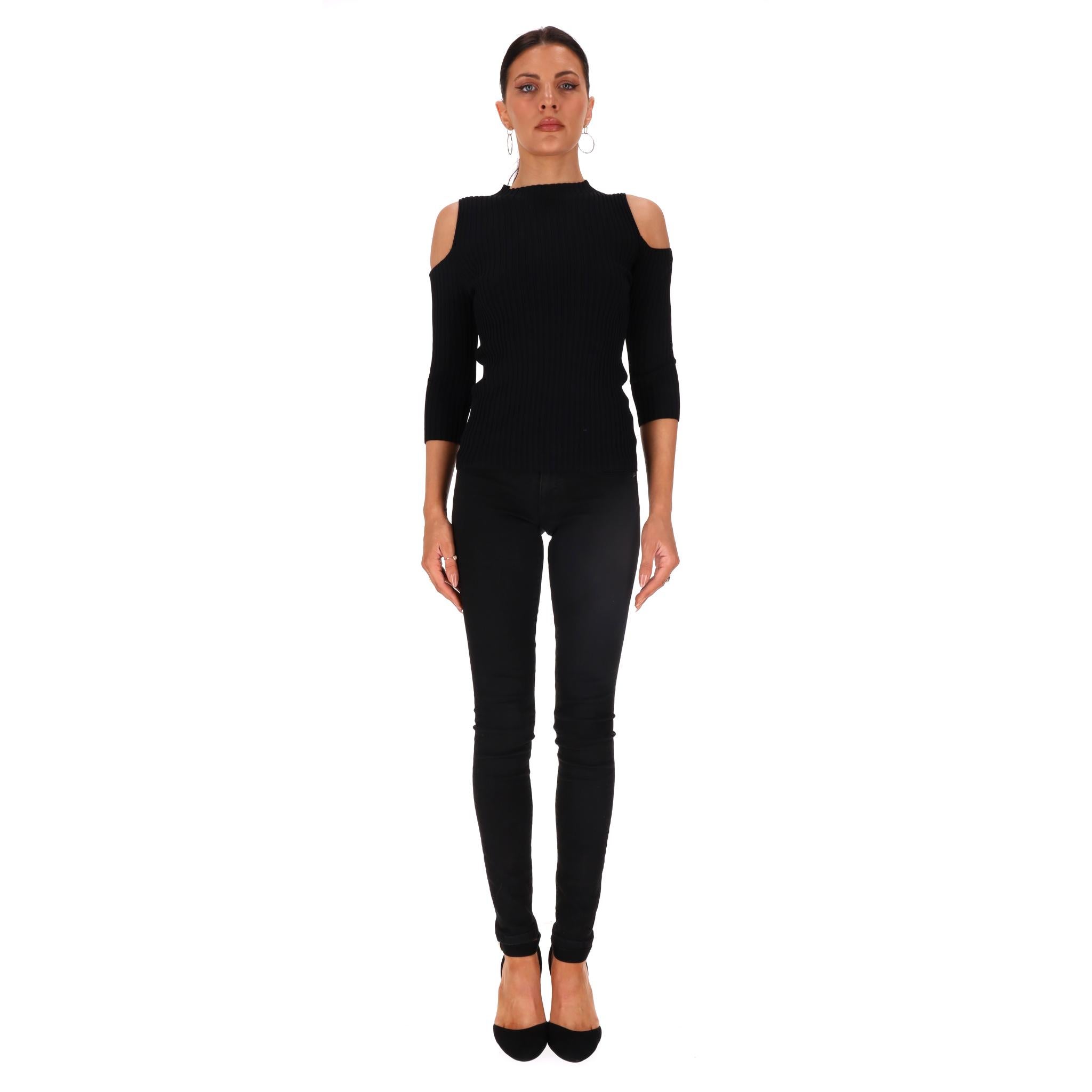 Maje Knitted Cold-Shoulder Top

Black ribbed knit 'Miviano' jumper crafted from viscose blend.

Featuring cold-shoulder design with three-quarter sleeves and fitted silhouette.

Rrp Approx. £200

Size – 1 - S

Condition – Very Good (Small
