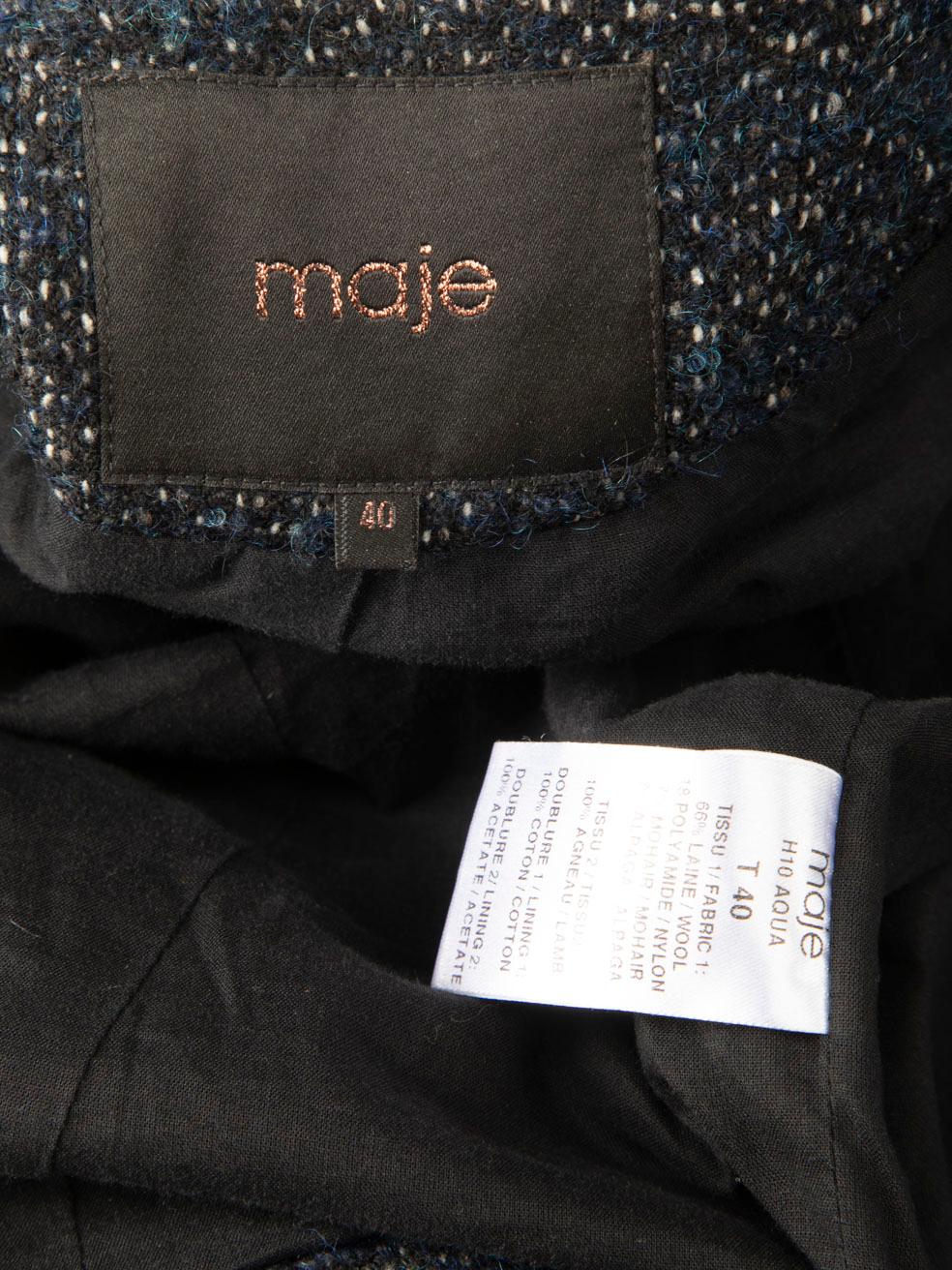Maje Navy & Black Tweed & Leather Zip Up Jacket Size L For Sale 6