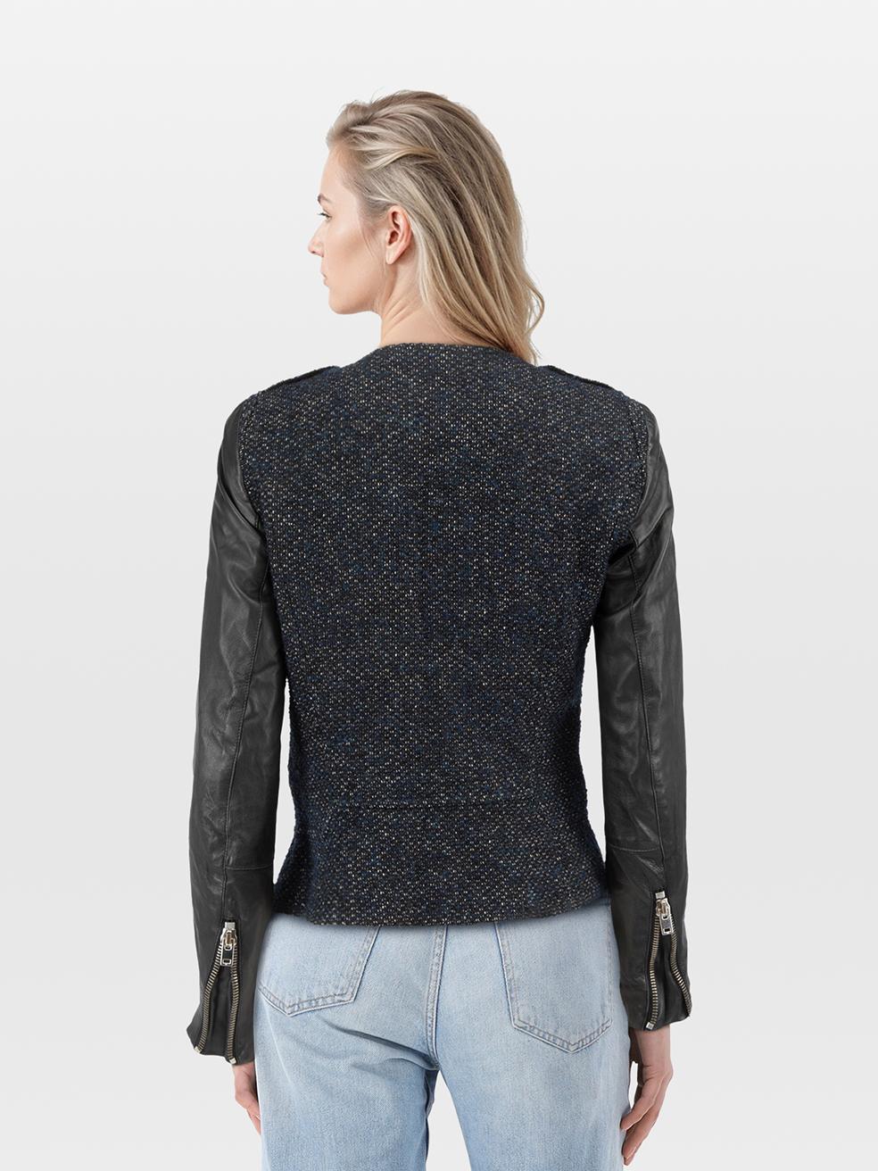 CONDITION is Very good. Minimal wear to the jacket is evident. Abrasion on both sleeve cuffs and the left sleeve under arm on this used Maje designer resale item.
 
 
 
 Details
 
 
 Multicolour- navy, black
 
 Wool and leather
 
 Jacket
 
 Long