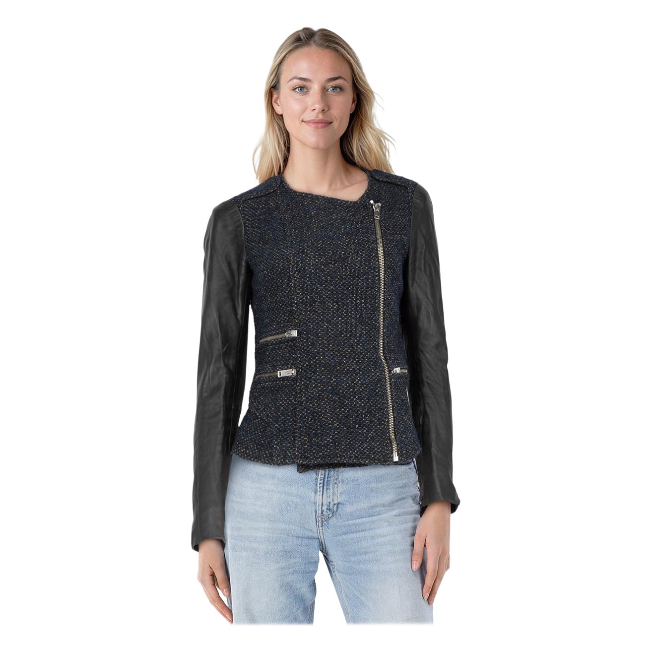 Maje - Giacca con zip in tweed e pelle nera e marina - taglia L.A.