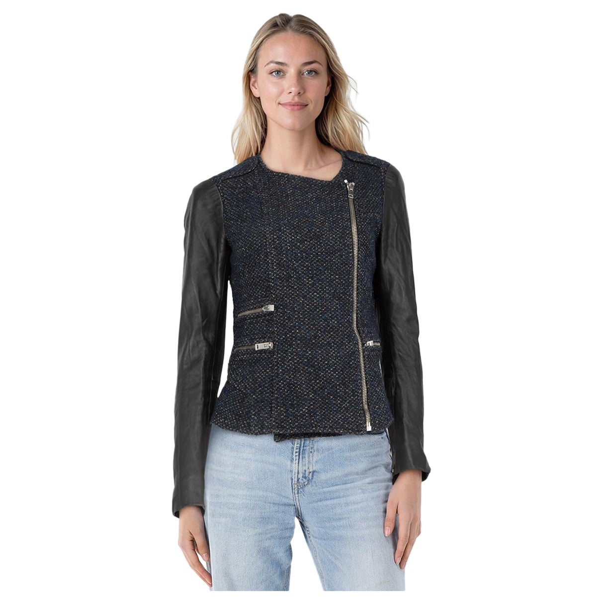 Maje Navy 
Black Tweed 
Leather Zip Up Jacket Size L im Angebot