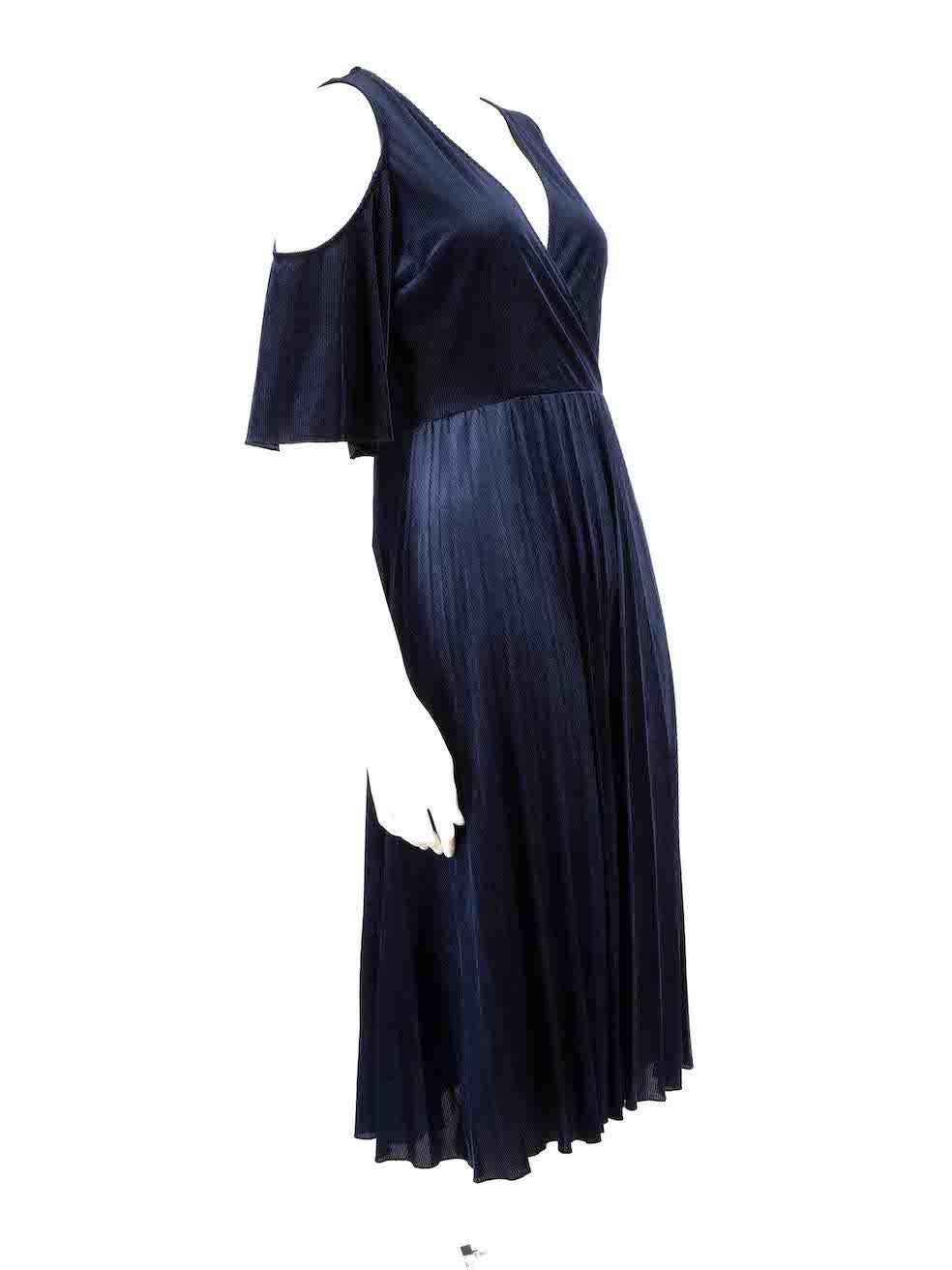 CONDITION is Never worn, with tags. No visible wear to dress is evident on this new Maje designer resale item.
 
 
 
 Details
 
 
 Navy
 
 Corduroy
 
 Midi dress
 
 V neckline
 
 Pleated skirt
 
 Corduroy textured
 
 Cold shoulder accent
 
 Side zip