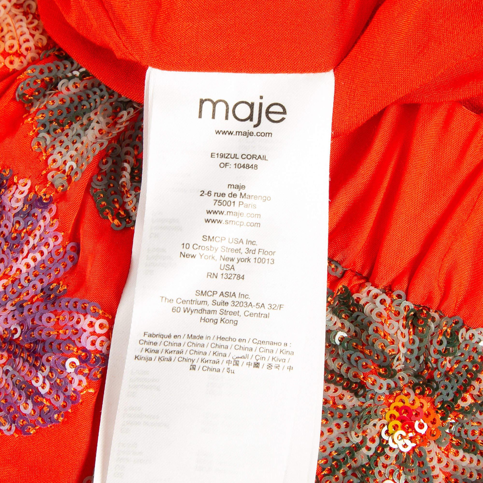 Maje Orange Floral Sequin Embroidered Crepe Izul Shorts L en vente 2