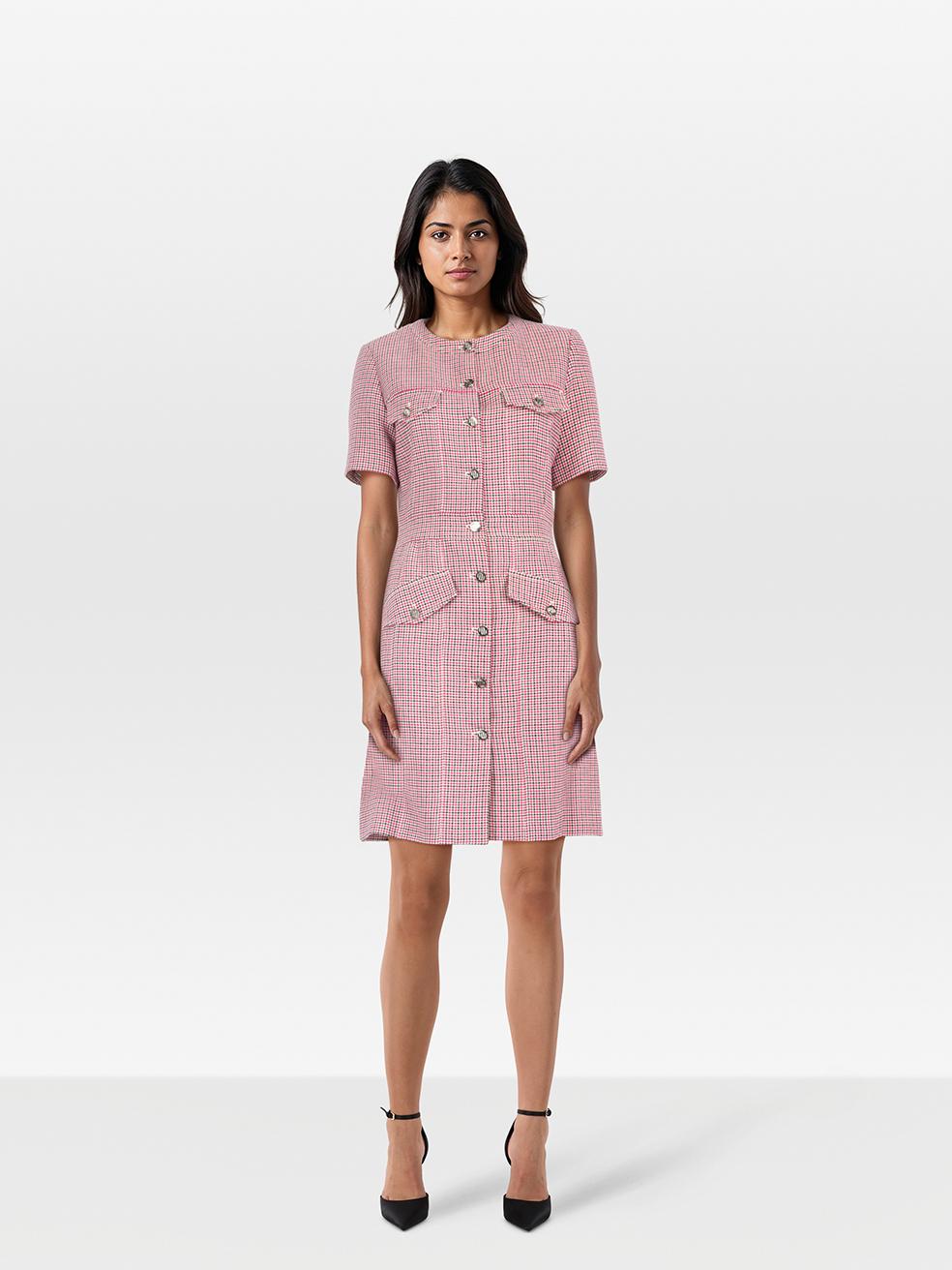 Maje Pink Houndstooth Button Down Dress Size L For Sale