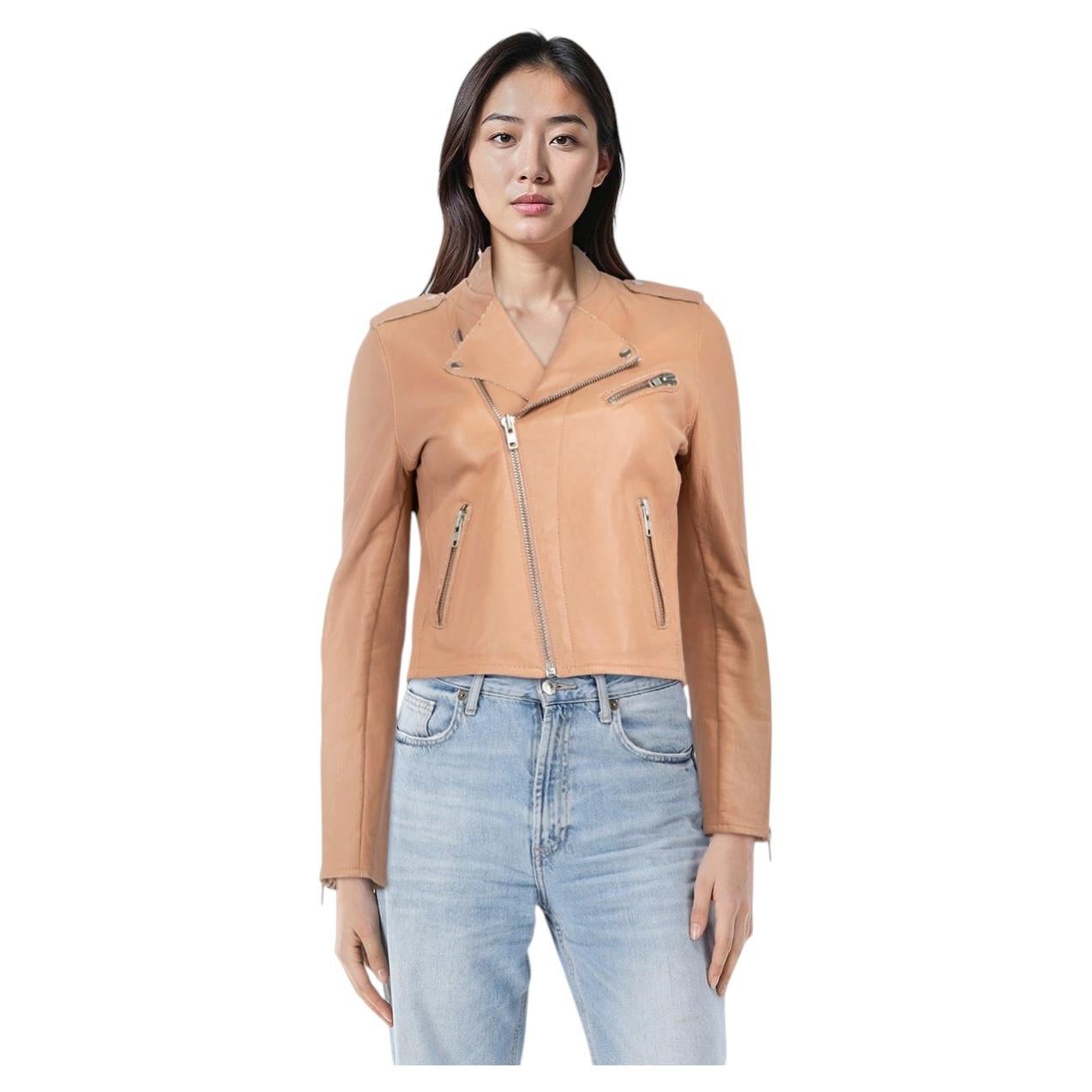 Maje Pink Leather Asymmetric Zip Biker Jacket Size L