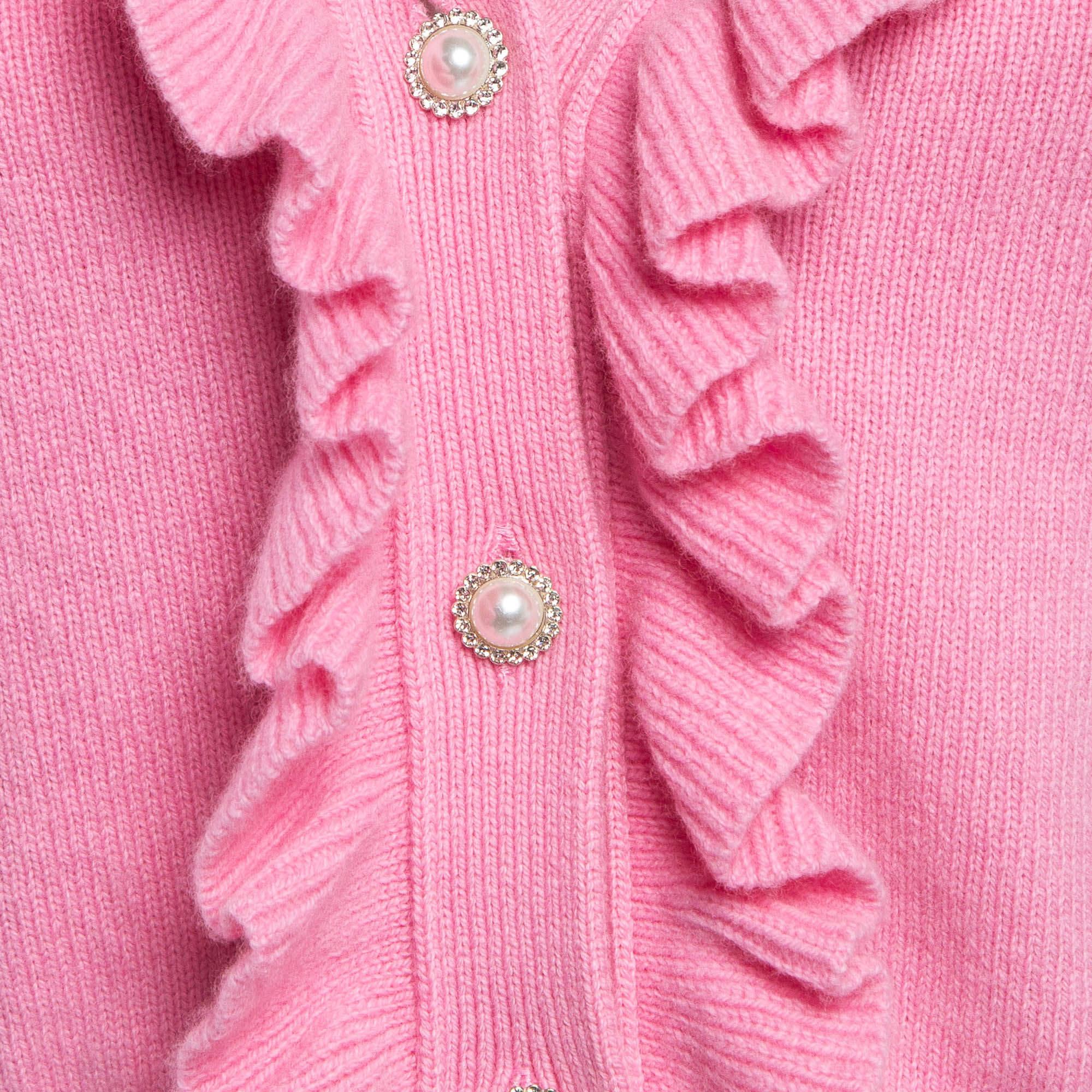 Maje Pink Rib Knit Molantti Frill Detail Cardigan S In Excellent Condition For Sale In Dubai, Al Qouz 2