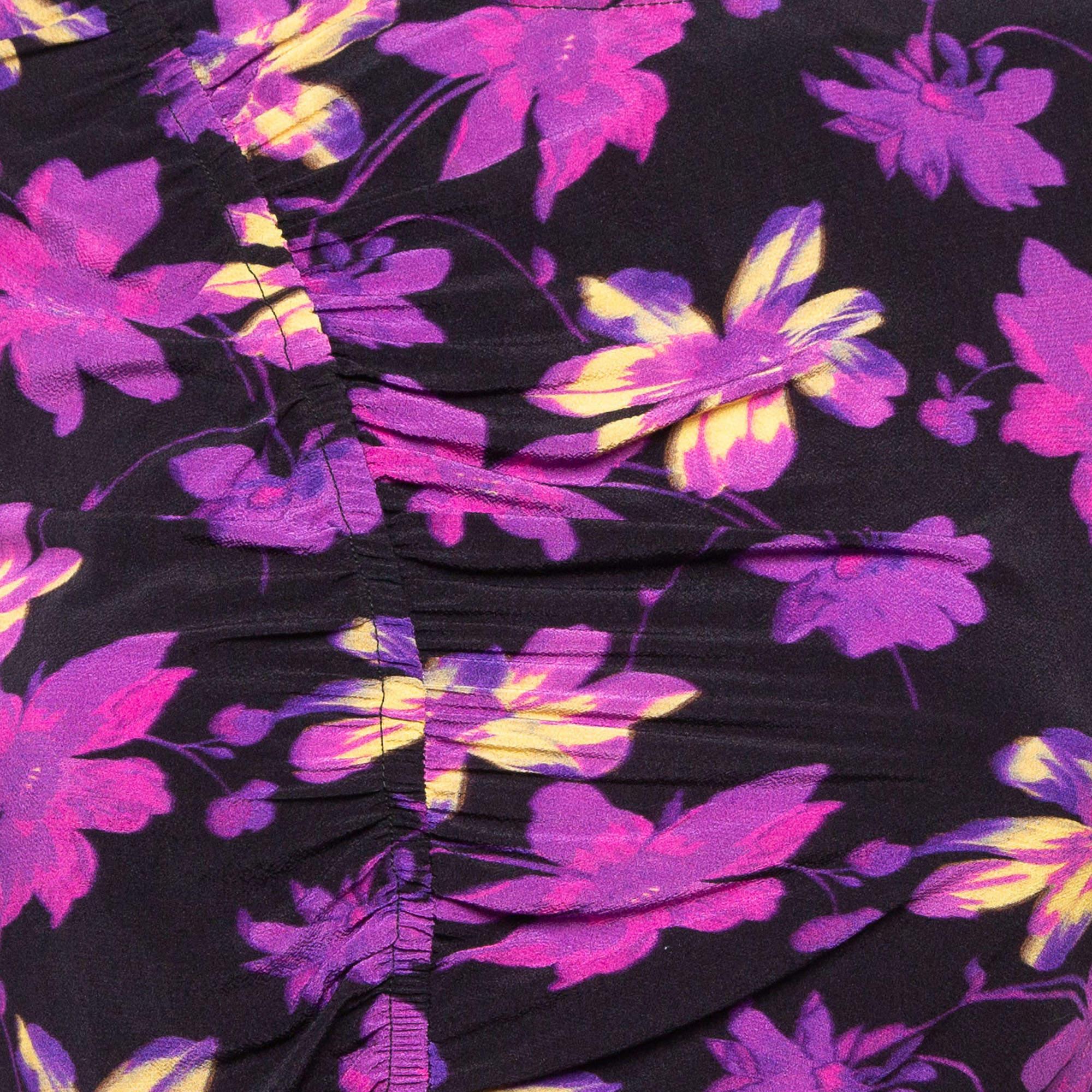 Maje Lila Blumendruck Krepp gerafftes Minikleid S (Violett) im Angebot