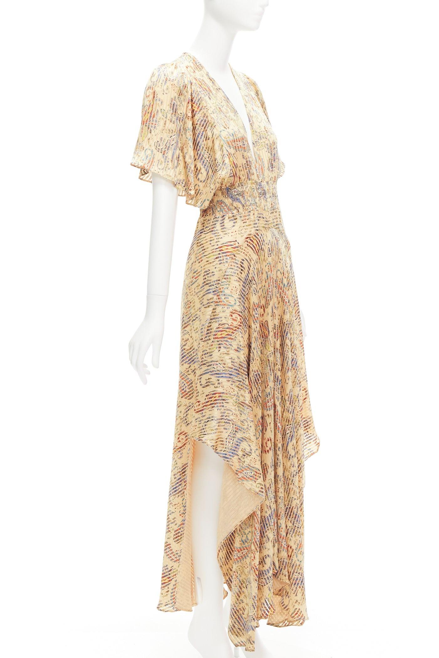 Gold MAJE Rachel gold colourful paisley print handkerchief hem deep V dress Size1 S