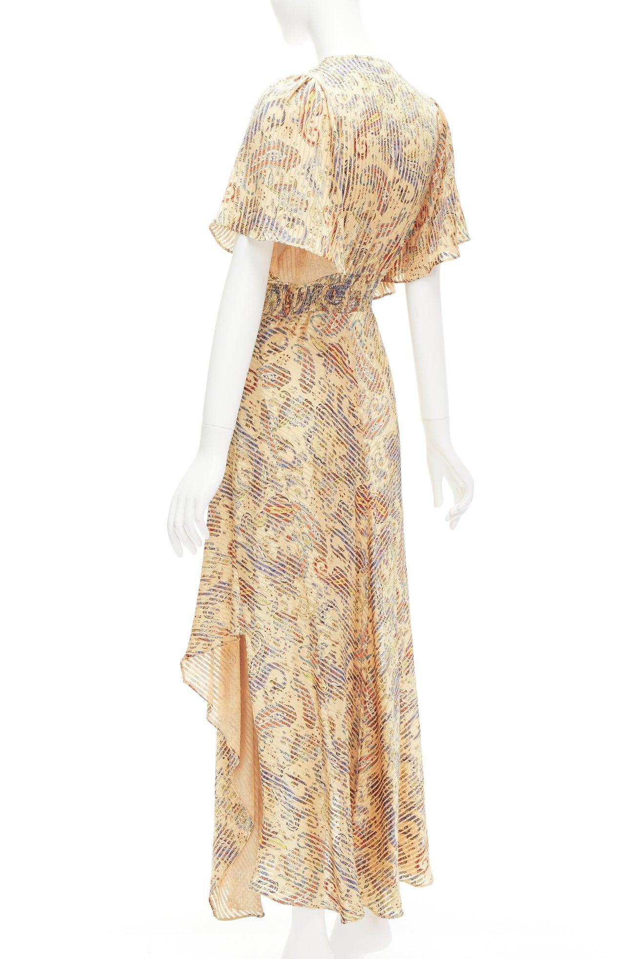 MAJE Rachel gold colourful paisley print handkerchief hem deep V dress Size1 S For Sale 1