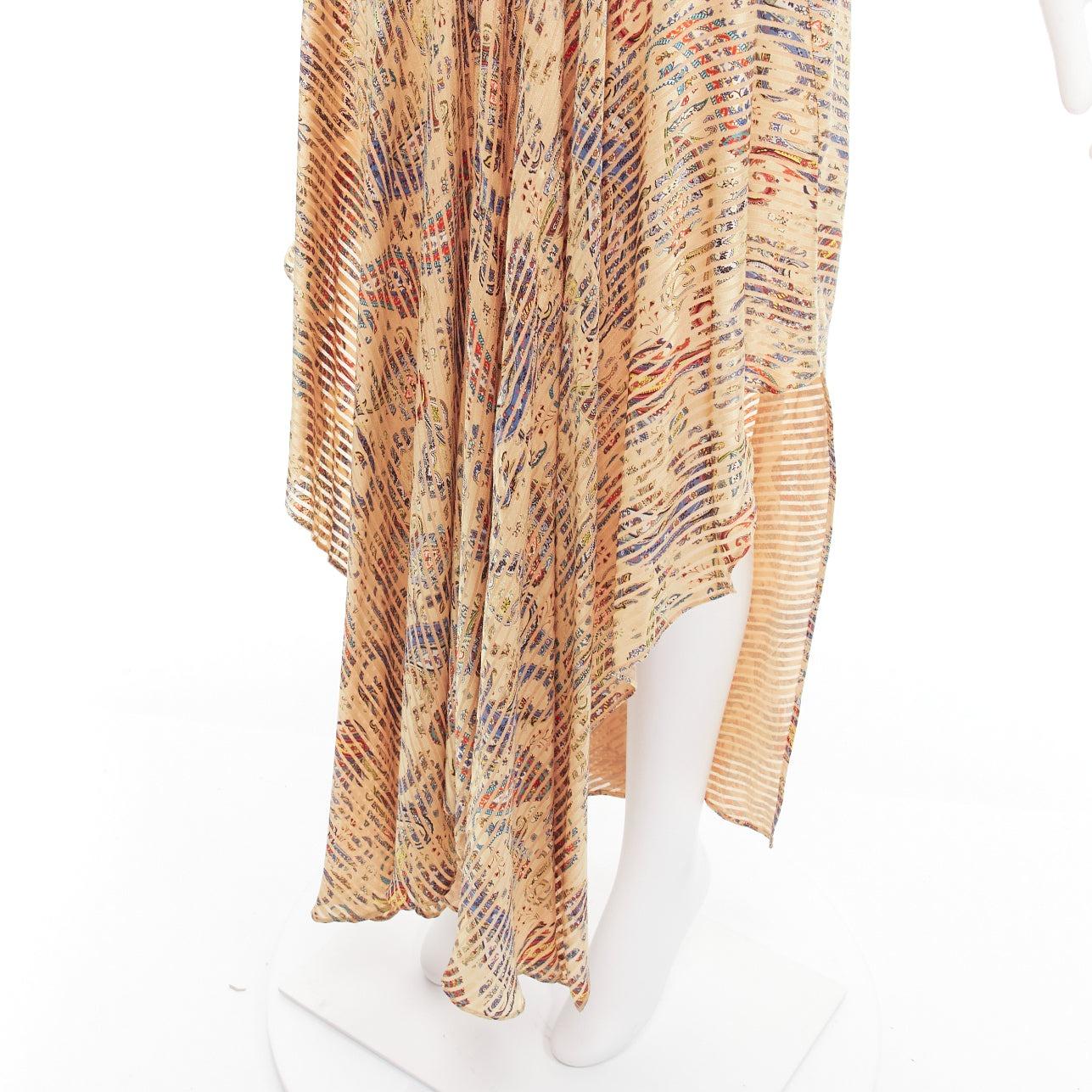 MAJE Rachel gold colourful paisley print handkerchief hem deep V dress Size1 S For Sale 2