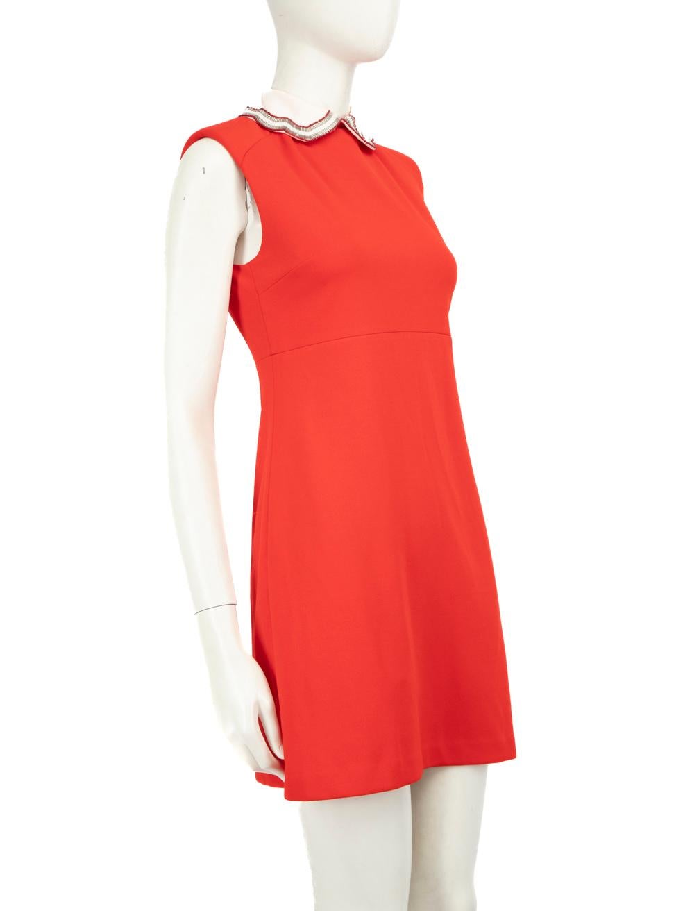 CONDITION is Very good. Minimal wear to dress is evident. Loose embellishments and threads on the collar on this used Maje designer resale item.
 
 
 
 Details
 
 
 Red
 
 Polyester
 
 Dress
 
 Mini
 
 Sleeveless
 
 Embellished detachable collar
 
