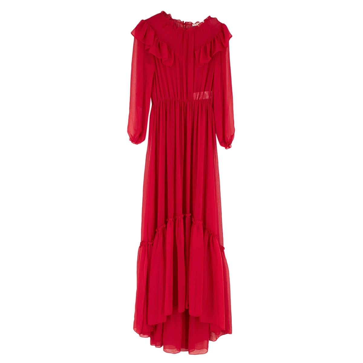 Maje Red Long Muslin Dress with Ruffles 

Come through in blazing color wearing this romantically ruffled maxi that's ready to be styled up or down however you like.

- Back keyhole with button-and-loop closure
- High neck
- Long sleeves with