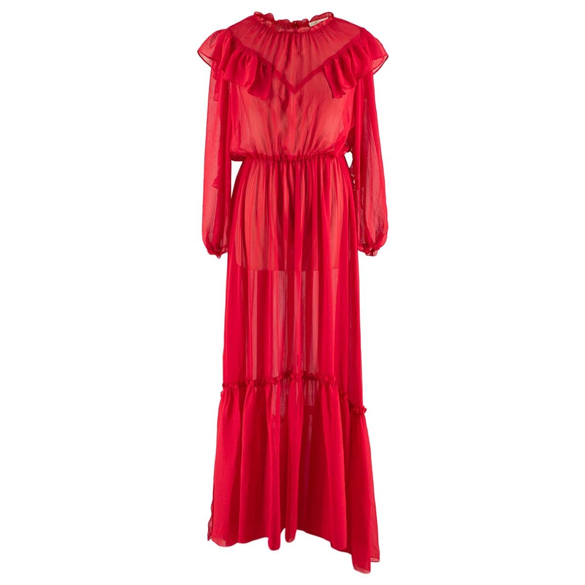 Maje Red Long Muslin Dress with Ruffles - Size M For Sale