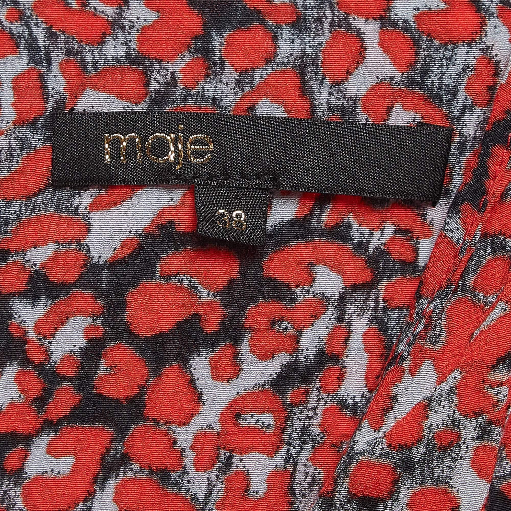 Maje Red Printed Crepe Smocked Detail Jumpsuit M In Good Condition In Dubai, Al Qouz 2