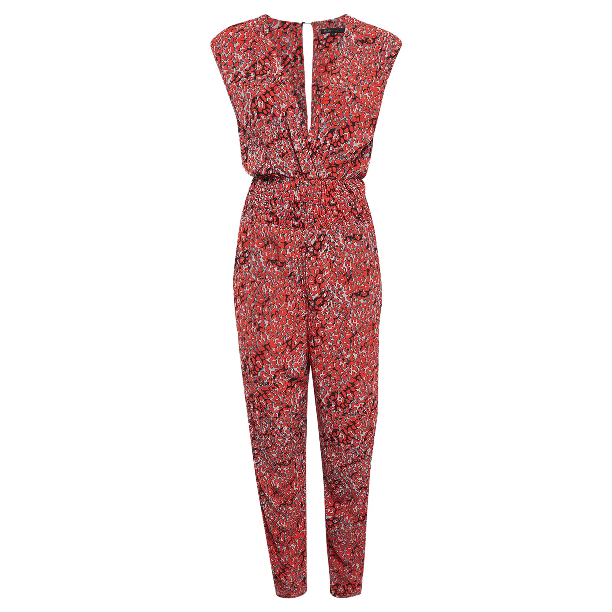 Maje Red Printed Crepe Smocked Detail Jumpsuit M