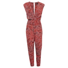 Maje Red Printed Crepe Smocked Detail Jumpsuit M