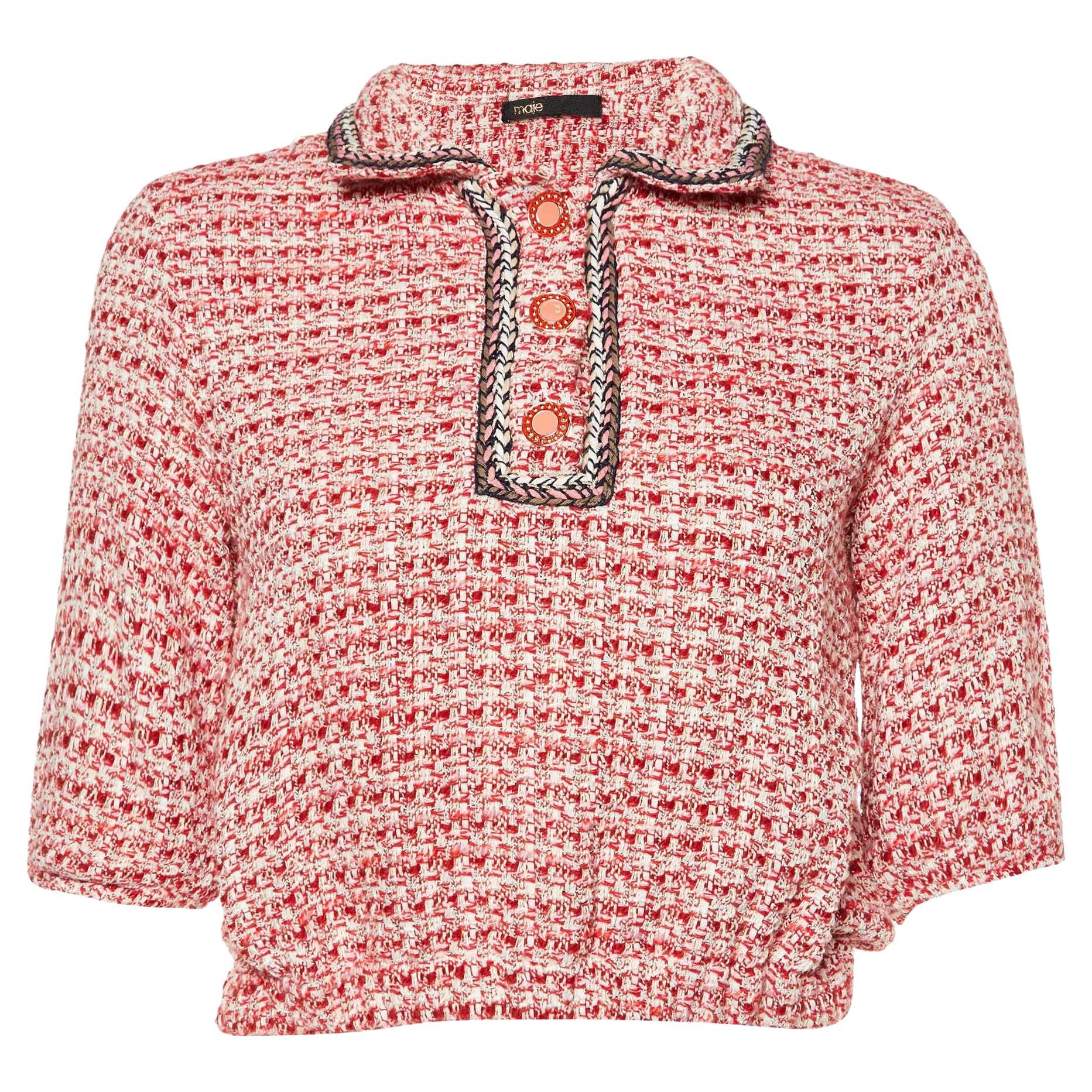 Maje Red Tweed Polo Cropped Shirt M. en vente