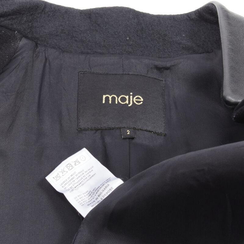 MAJE Sirop black calfskin leather trim wool collarless coat US2 S For Sale 5