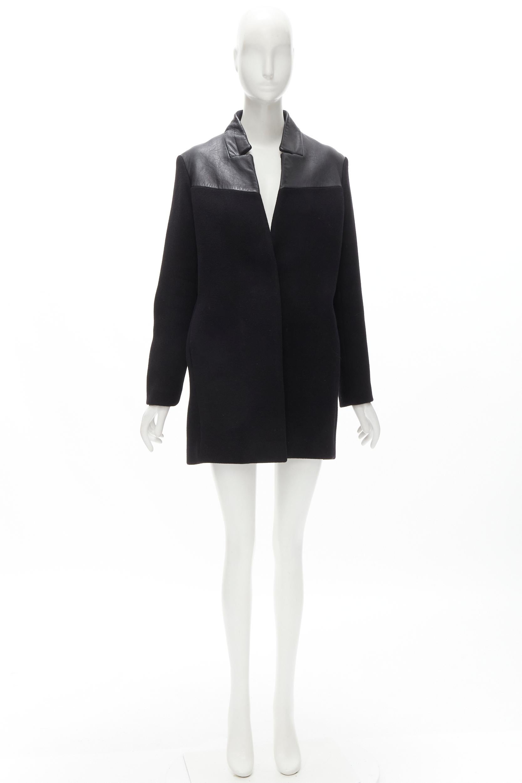 MAJE Sirop black calfskin leather trim wool collarless coat US2 S For Sale 6