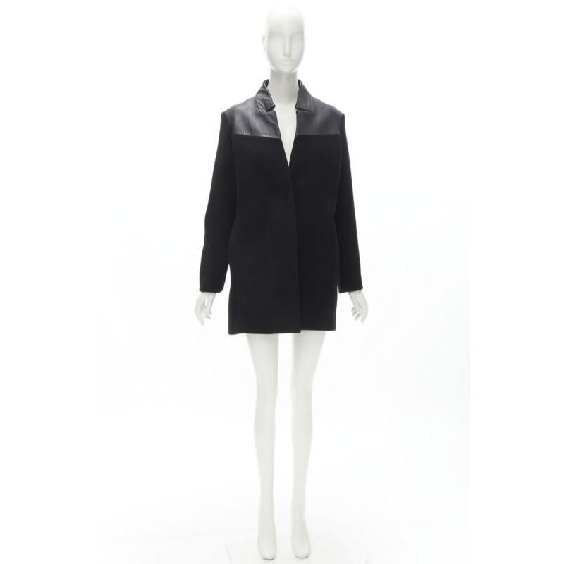 MAJE Sirop black calfskin leather trim wool collarless coat US2 S For Sale 6