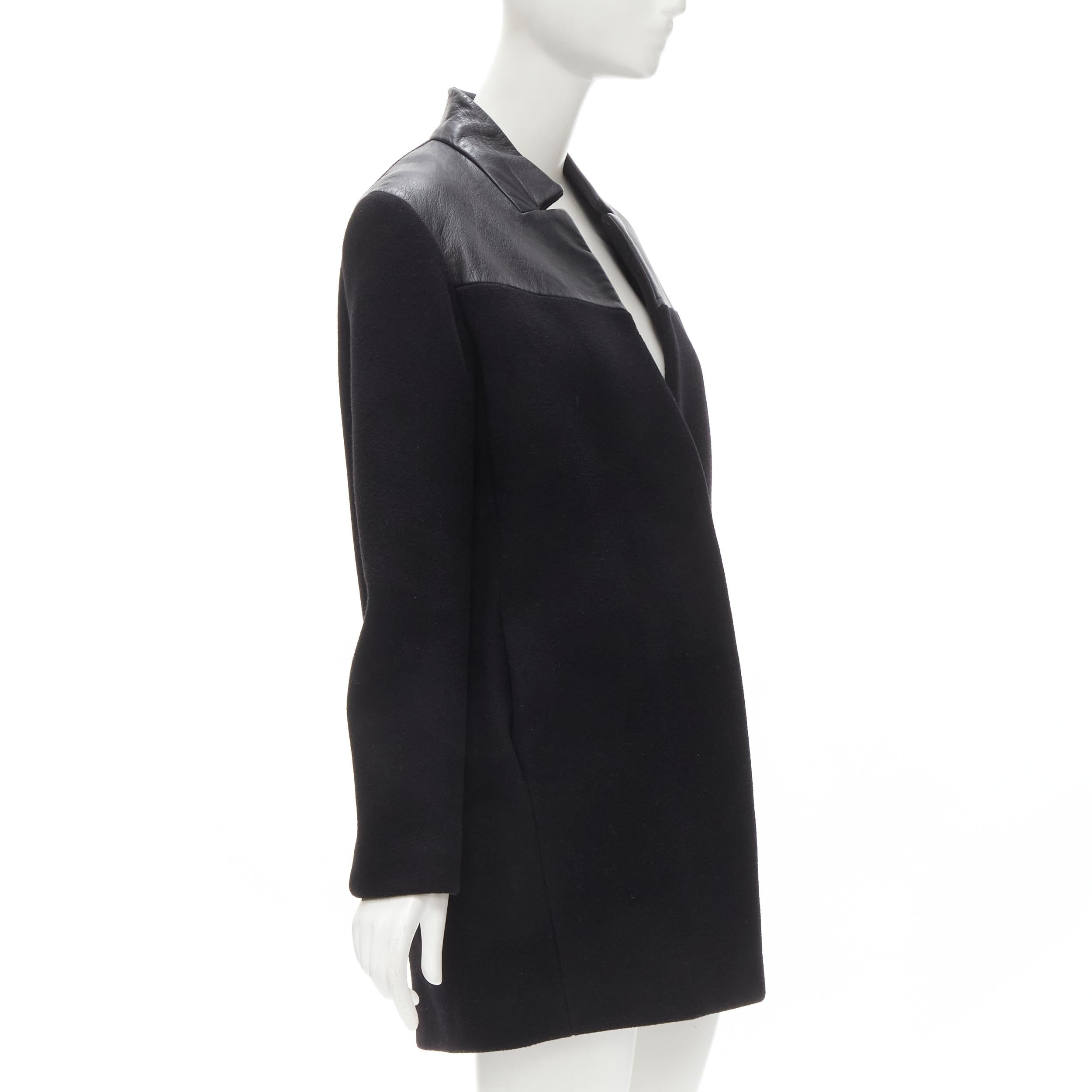 MAJE Sirop black calfskin leather trim wool collarless coat US2 S In Excellent Condition For Sale In Hong Kong, NT