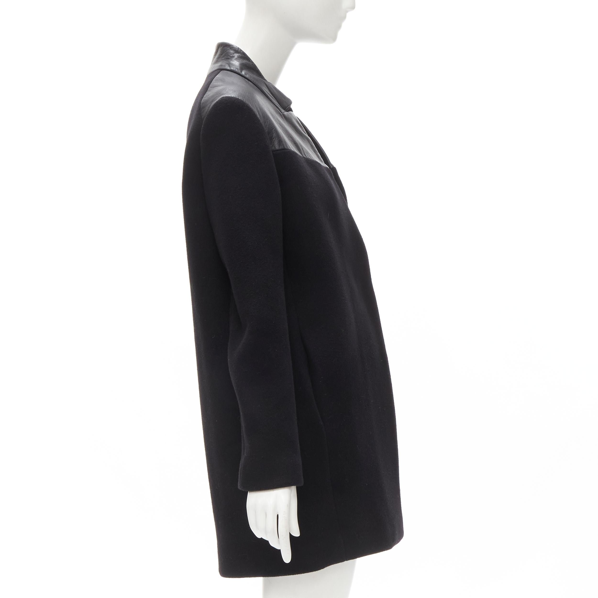 Women's MAJE Sirop black calfskin leather trim wool collarless coat US2 S For Sale