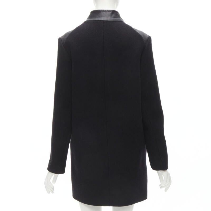 MAJE Sirop black calfskin leather trim wool collarless coat US2 S For Sale 1