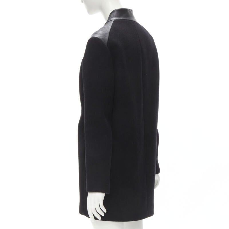 MAJE Sirop black calfskin leather trim wool collarless coat US2 S For Sale 2