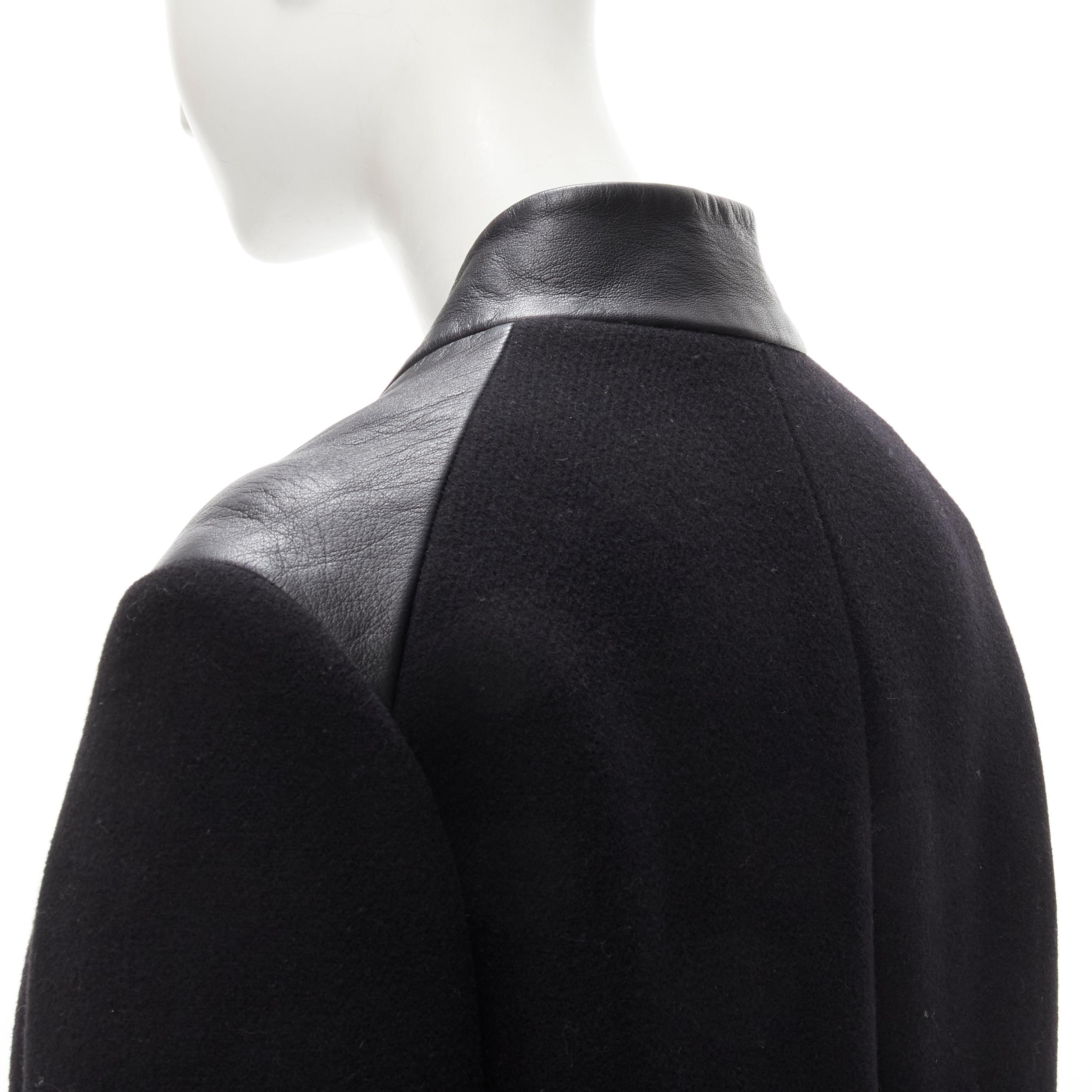 MAJE Sirop black calfskin leather trim wool collarless coat US2 S For Sale 3