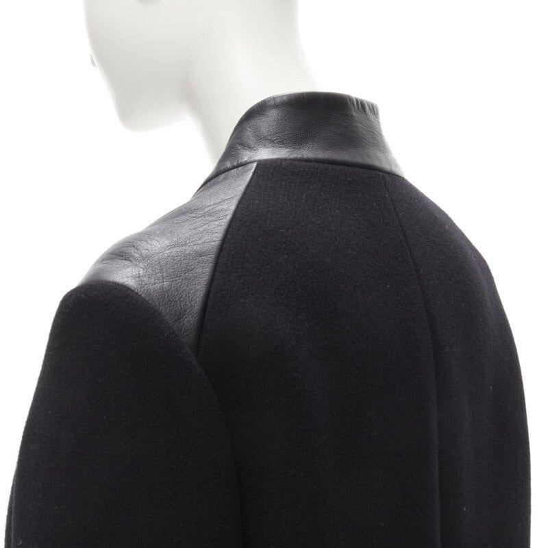 MAJE Sirop black calfskin leather trim wool collarless coat US2 S For Sale 3
