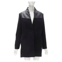 MAJE Sirop - Manteau sans col en cuir de veau noir avec bordure en laine US2 S