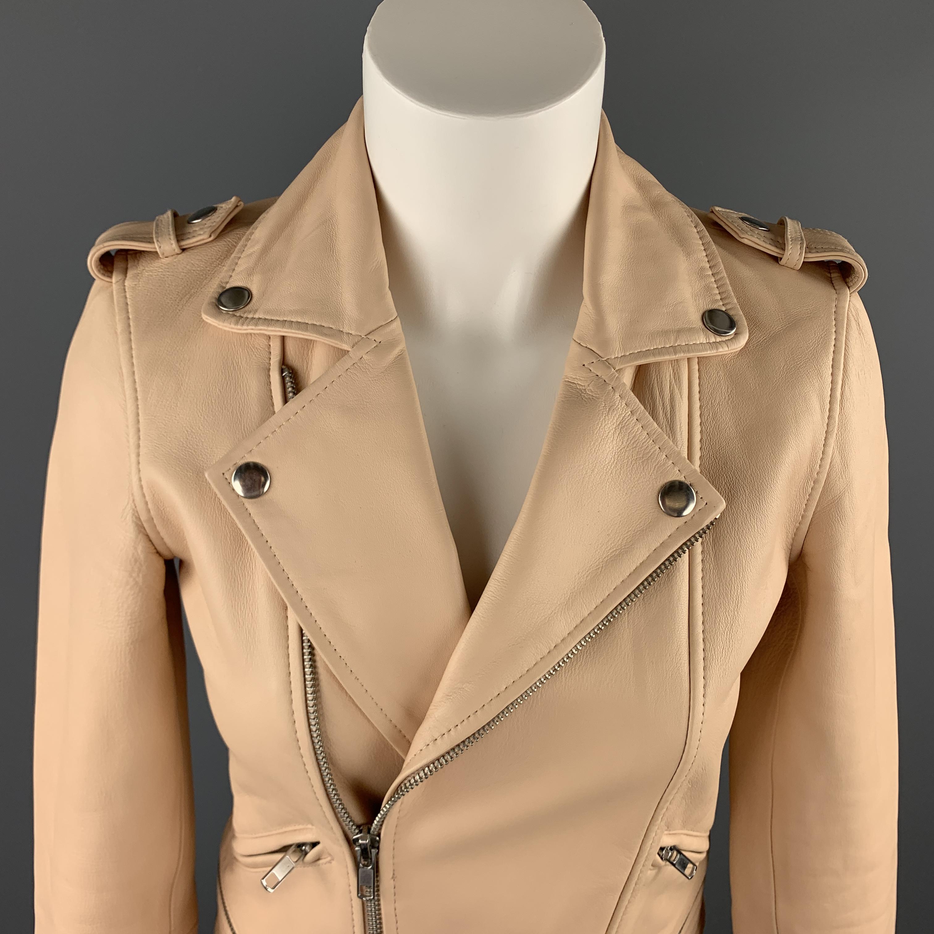 MAJE biker jacket comes in pastel peach pink leather with a pointed lapel, zip pockets, epaulets, and quilted sides. 

Excellent Pre-Owned Condition.
Marked: IT 36

Measurements:

Shoulder: 14 in.
Bust: 36 in.
Sleeve: 23.5 in.
Length: 19 in.