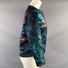 MAJE, taille 2, chemisier bleu et or en mélange de polyester, motif abstrait, encolure rond
