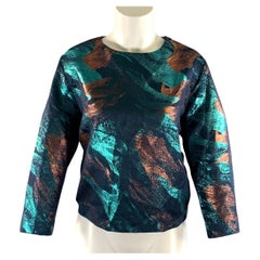 MAJE, taille 2, chemisier bleu et or en mélange de polyester, motif abstrait, encolure rond