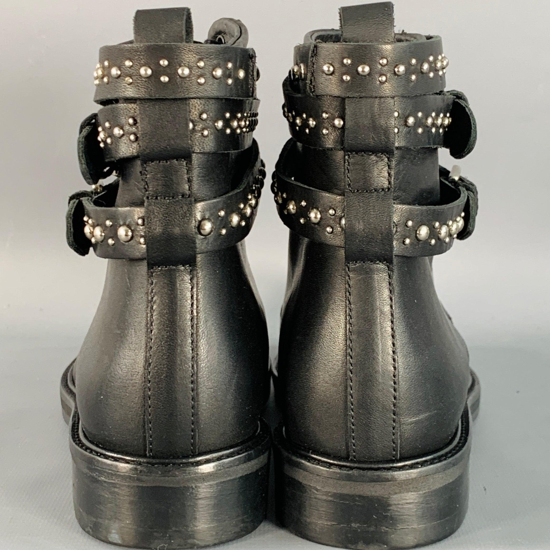 Nero MAJE Size 6 Black Studded Leather Wrap Around Lace-Up Boots in vendita
