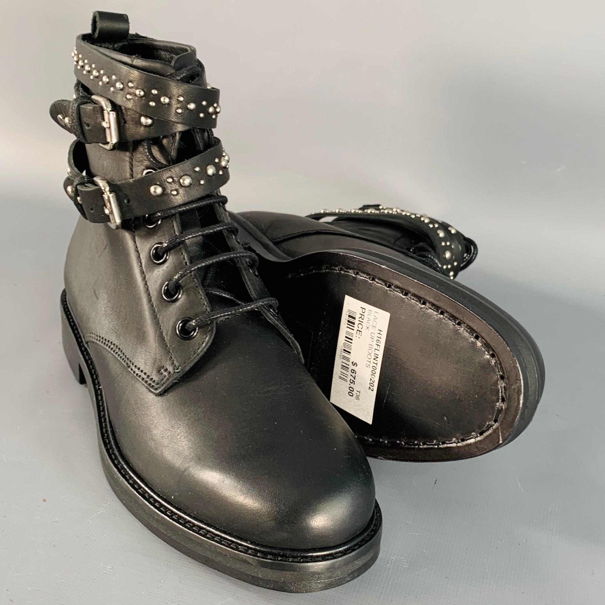 Donna MAJE Size 6 Black Studded Leather Wrap Around Lace-Up Boots in vendita