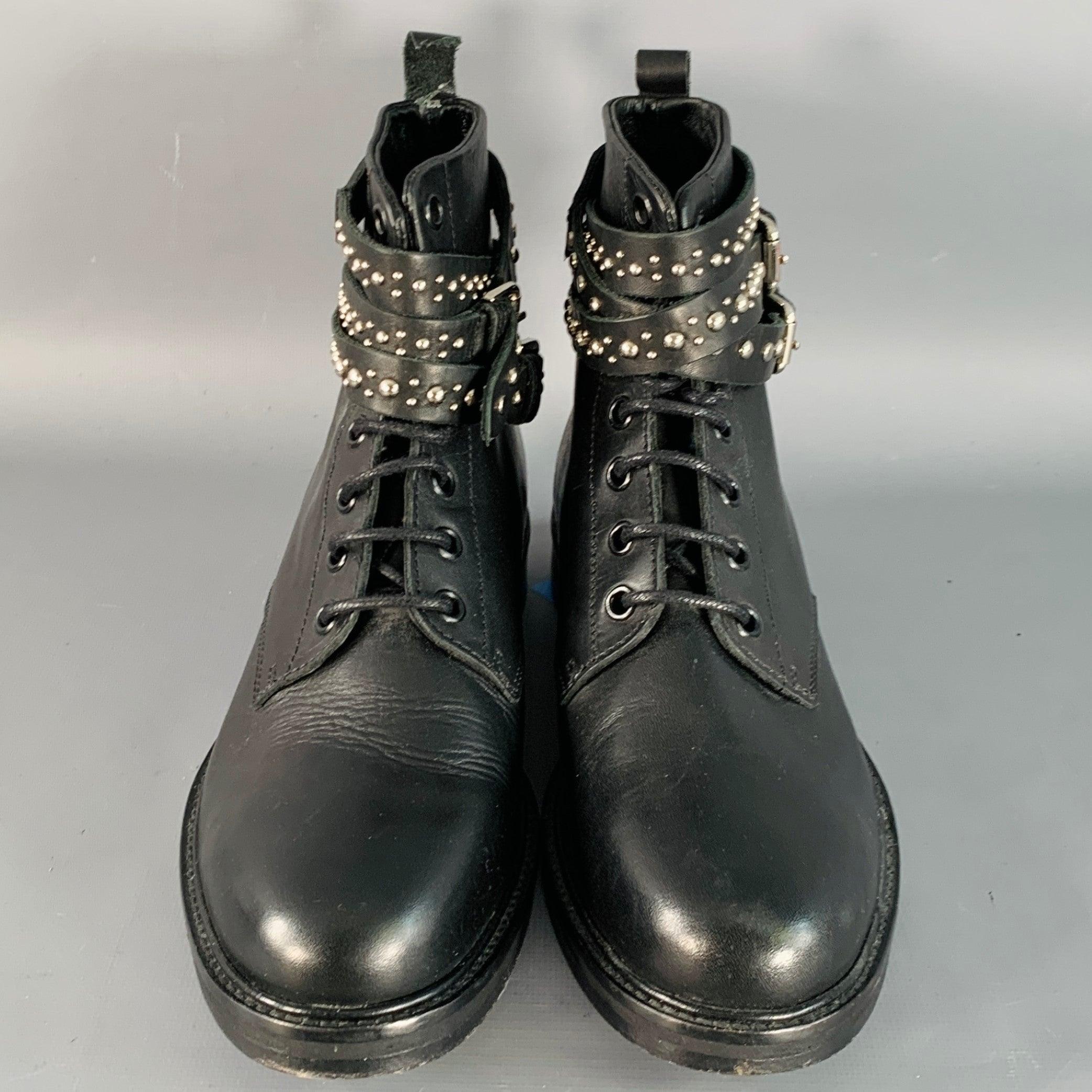 MAJE Size 7 Black Studded Leather Wrap Around Lace-Up Ankle Boots In condizioni buone in vendita a San Francisco, CA