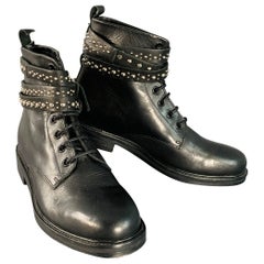 MAJE Taille 7 Bottes à lacets en cuir noir clouté